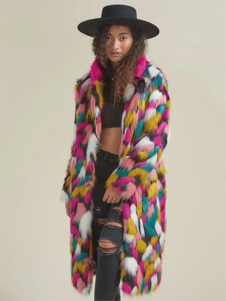 Rainbow Colorful Faux Fur Coat Womens Cold Wear 2023 Winter Warm Thick Fluffy Jacket Outerwear Furry Chic Cardigan 251018