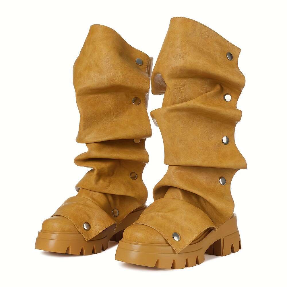 Chic Women's Fold Over Round Toe Chunky Heels Pleated Pull On New Year Holiday Wide Calf Short Booties