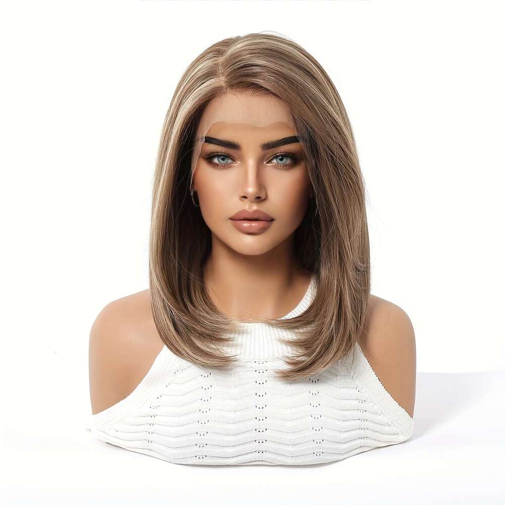 13X6 HD Transparent Front 14Inch Highlight Brown Color Short Bob Synthetic Glueless Lace With Pre Plucked Natrural Hairline Daily Wear Party-Natural L