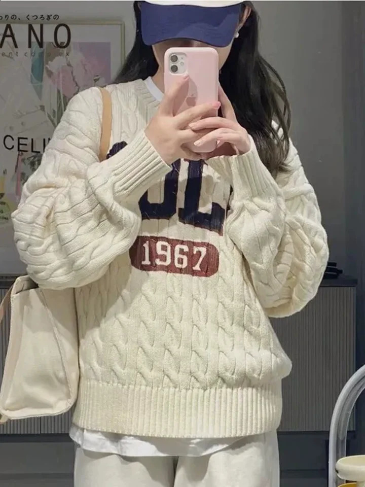 Vintage Fashion Pullover Sweater Long Sleeved Letter Patchwork Baggy Knitted Top Womens Casual ONeck Loose Soft Jumpers 251027