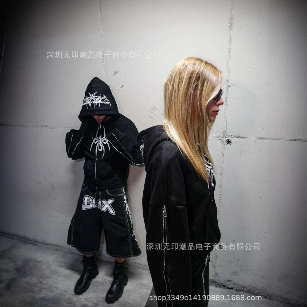 Y2K Winter Dark Street Style Spider Print Pattern Matching Cuff Chain Fashion Sweatshirt