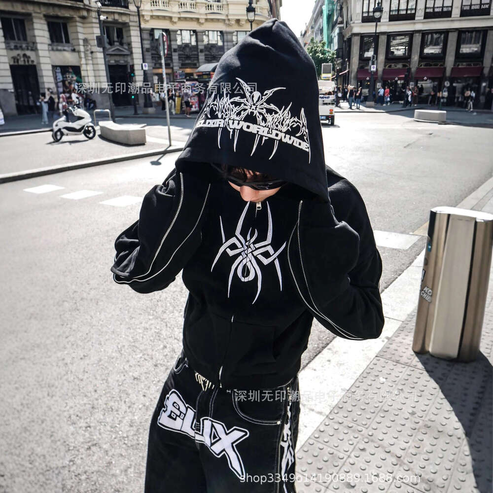 Y2K Winter Dark Street Style Spider Print Pattern Matching Cuff Chain Fashion Sweatshirt