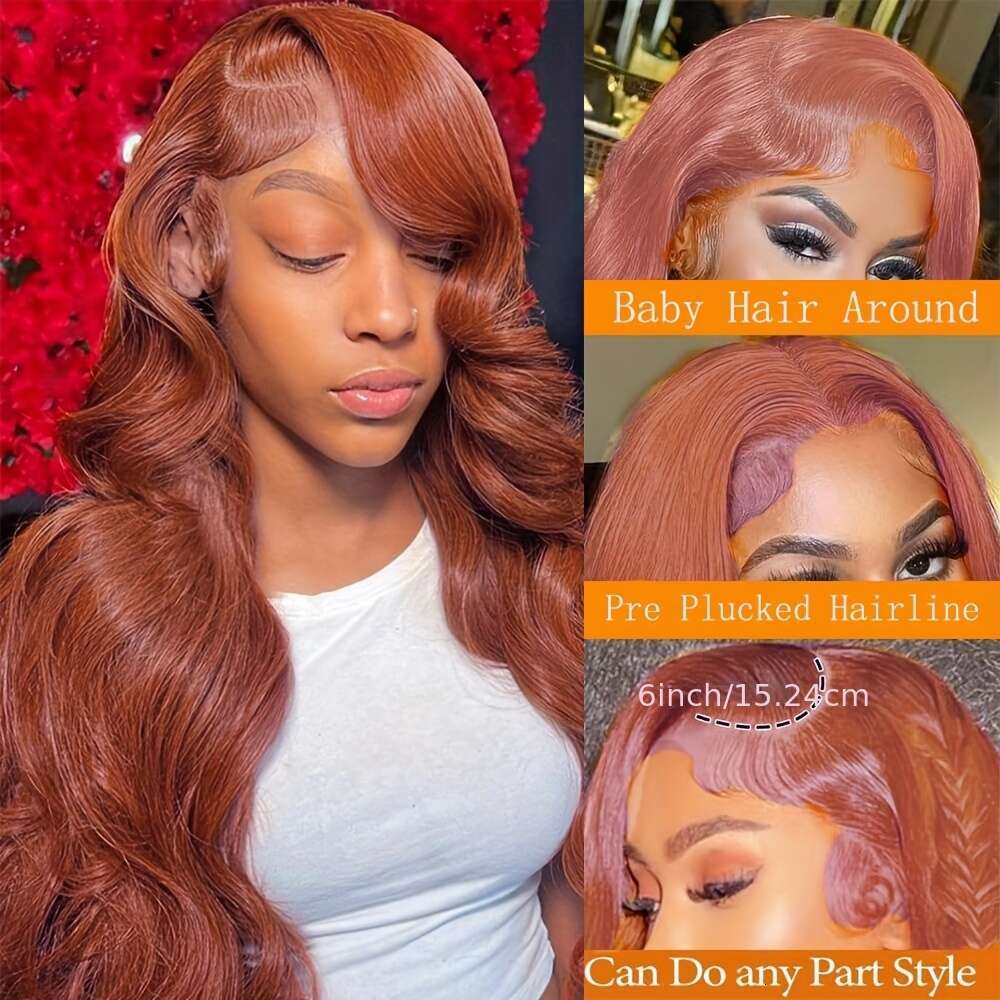 350 Ginger Body Wave Brazilian Human Wig - 13X4 Transparent Lace Front With Pre-Plucked Hairline Base 100% Remy Hair 180% Density Voluminous Waves Nat