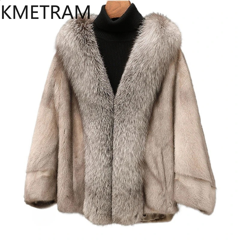 100 Mink Fur Jacket Woman Vneck Short Real Fur Coat Winter Women Clothing Furry Jackets 2025 Fox Fur Collar Fourrure 251027