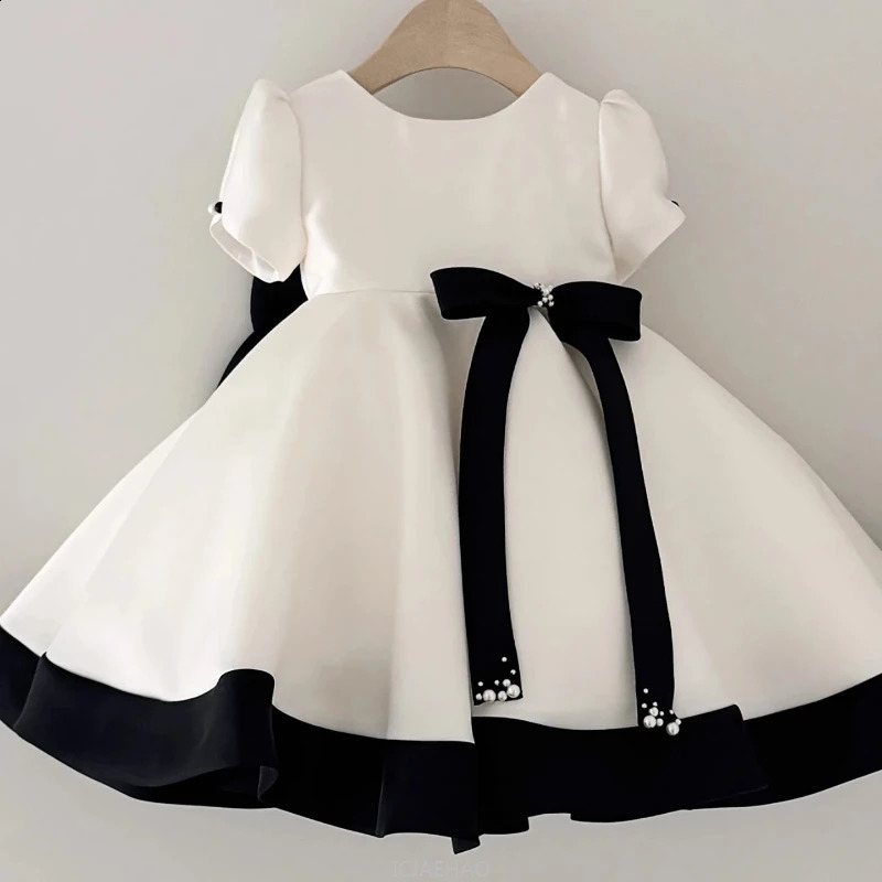 French Style Baby Girl Satin 1st Birthday Dress Wedding Flower Girl Princess Gown Black White Classic Party Outfit Kid Costumes 251023