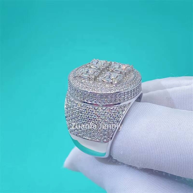 Fully Iced Out Trendy Style Personalized Baguette Moissanite Diamond 925 Sterling Silver Ring Gold Filled Rings for Men