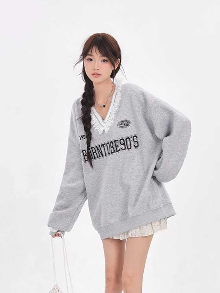 Jmprs Lace Patchwork Y2K Sweatshirts Women Streetwear Retro Loose Letter Pullovers American Casual Long Sleeve Harajuku Tops New J251028