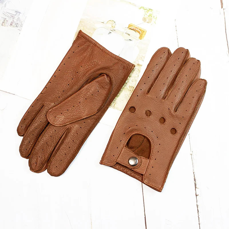 Summer Driving Deerskin Full Finger Leather Gloves for Mens Thin Hollow Unlined Motorcycle Riding Mens Fashion Driver Gloves 251027