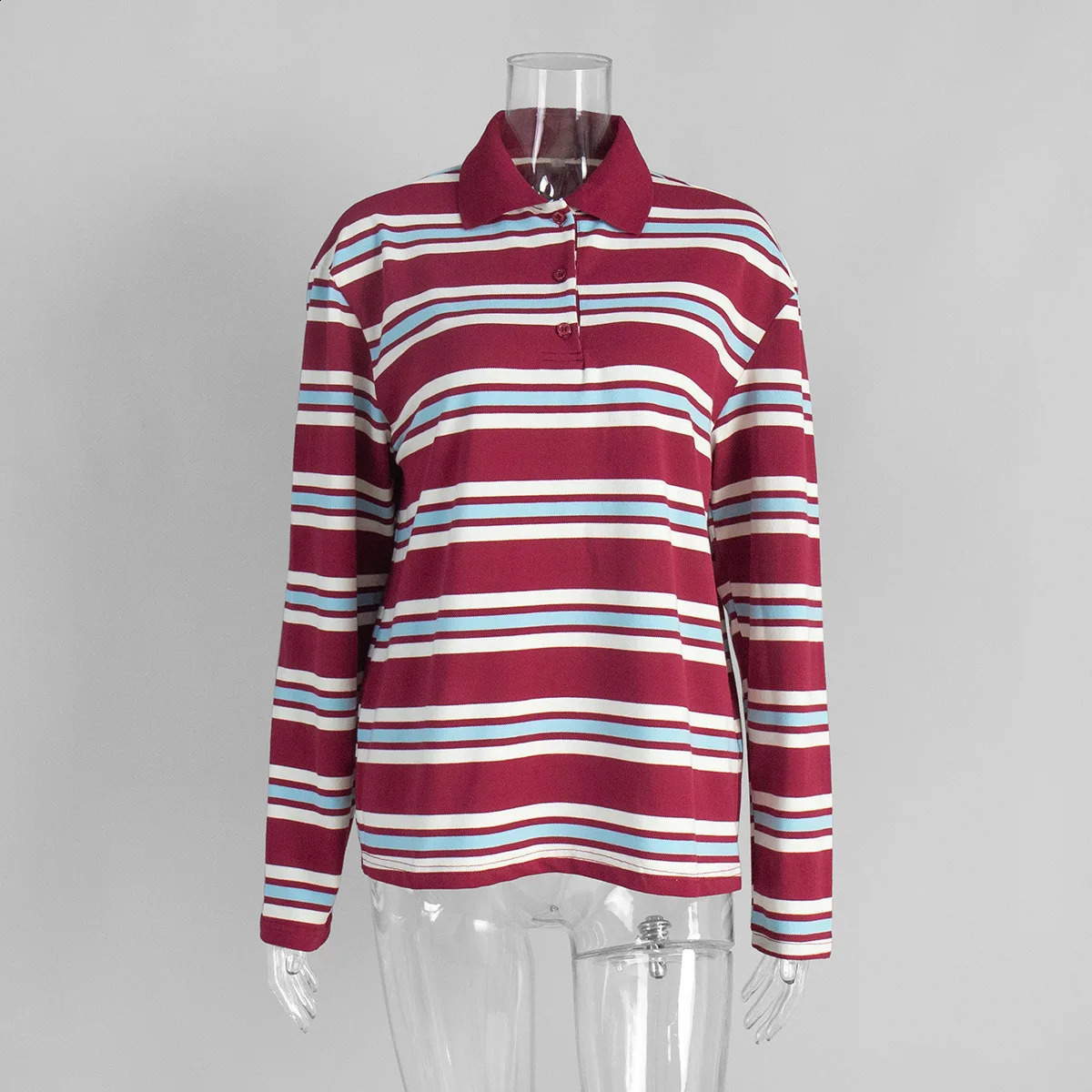 Womens Striped Polo Shirt Long Sleeve Vintage Collared Top Color Block Preppy Style Loose Fit Casual Tunic Contrast Trim Retro 251027