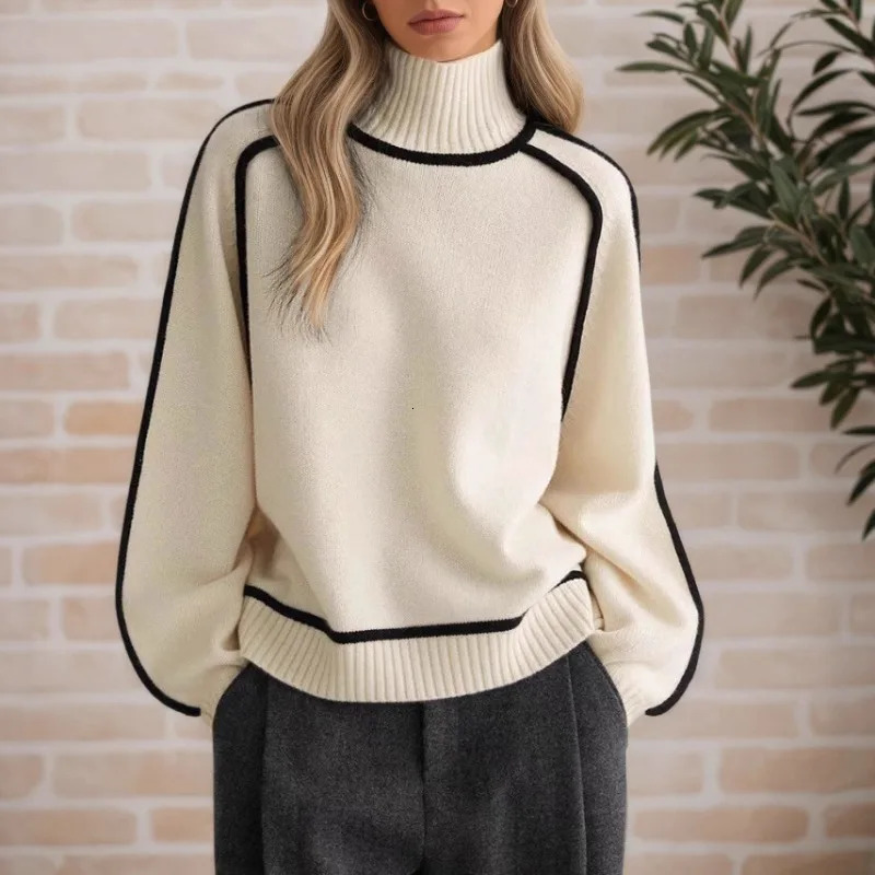Cozy Cream Turtleneck Sweater with Black Contrast Piping Detail Oversized Knitwear for Stylish Autumn Winter Outfits 251027