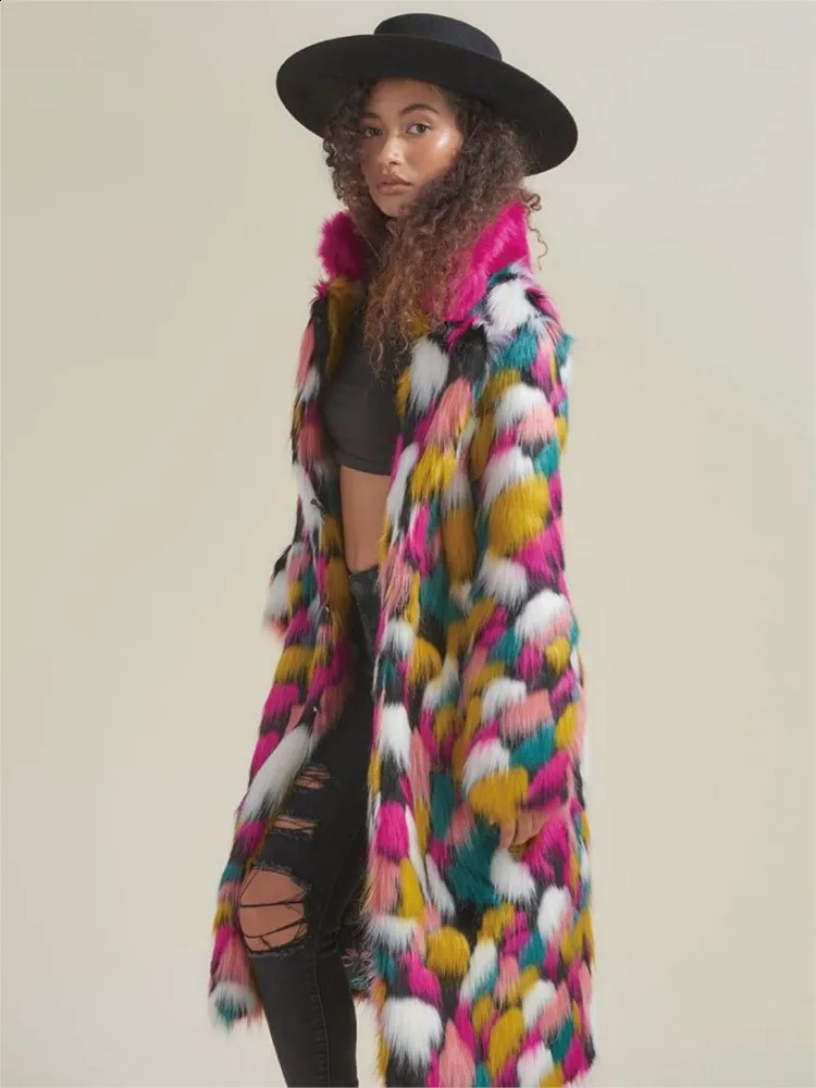 Rainbow Colorful Faux Fur Coat Womens Cold Wear 2023 Winter Warm Thick Fluffy Jacket Outerwear Furry Chic Cardigan 251018