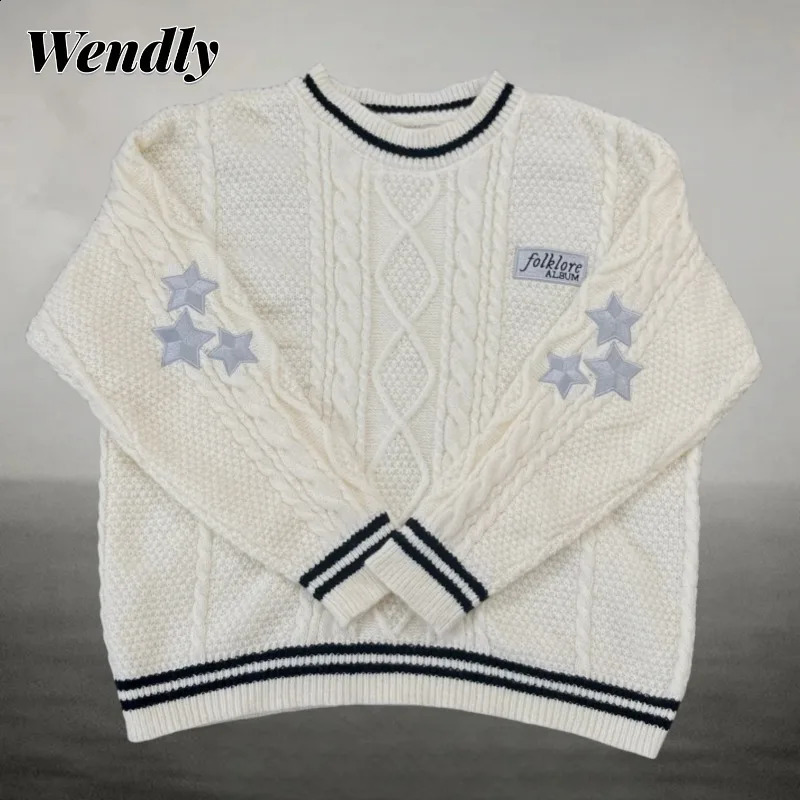 Style Folklore Pullovers Sweater Women Spring Autumn Oneck Star Embroidered Knitted Sweaters Female Letter Patch Jumpers 251027