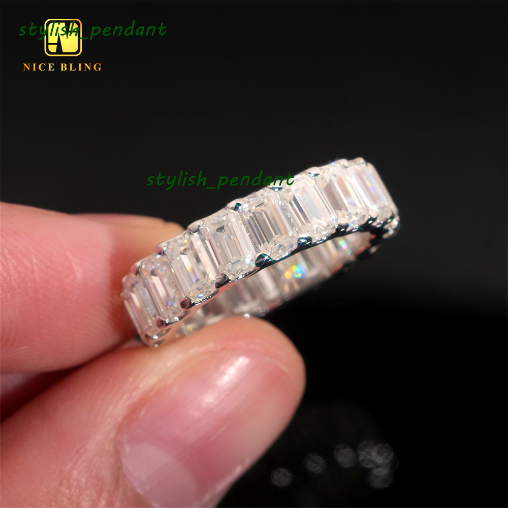 Fine Iced Out Wedding Ring VVS Moissanite 925 Silver Rings Daily Jewelry Diamond Emerald Cut Engagement Ring for Women Men