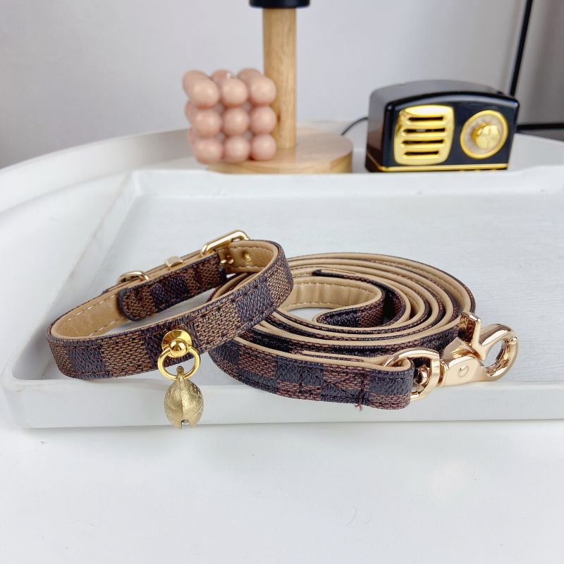 Premium PU Leather Designer Dog Collar & Leash Set Gold Hardware, Bell Charm, Adjustable for Cats/Small Dogs, 4 Patterns