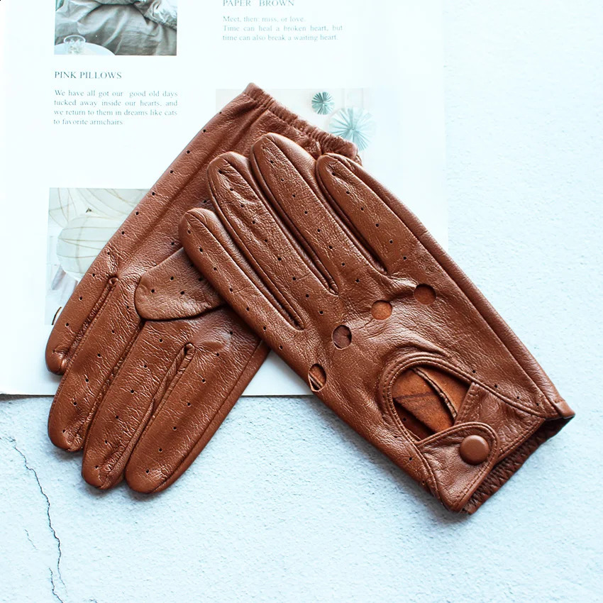 Summer Driving Leather Gloves Womens Thin Sheepskin Unlined Fashionable Hollowed Out All Finger Motorcycle Riding Gloves 251027