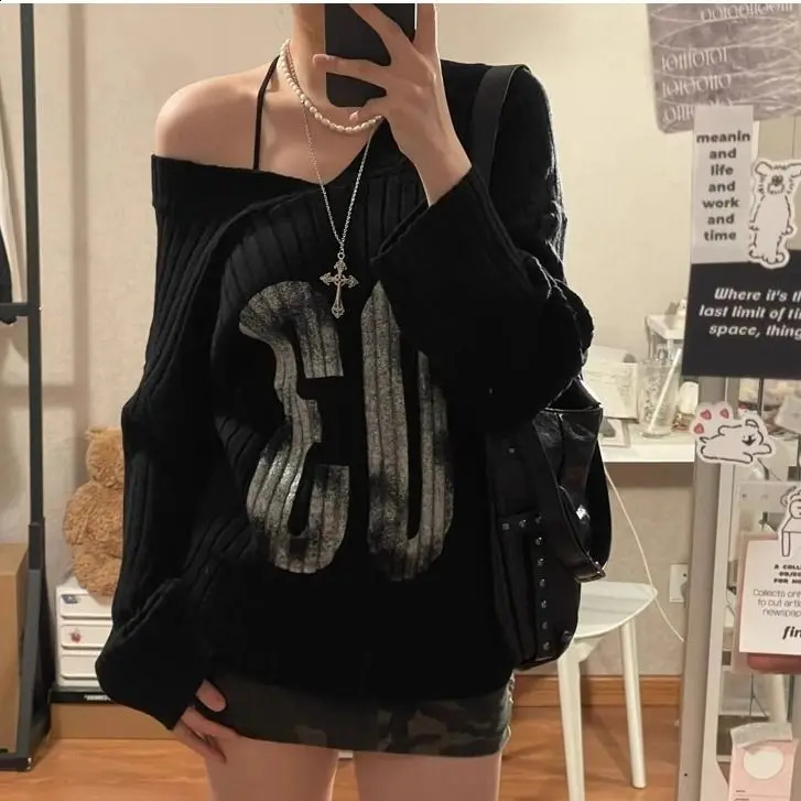 Fashion Letter Print Knitted Pullover Off Shoulder Sweaters Mujer 2025 Early Autumn Black Top Women Academia American 251027