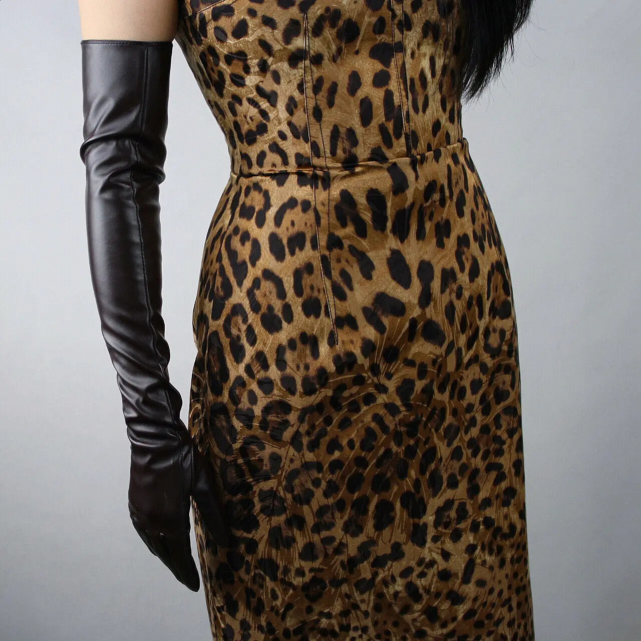 PUFF SLEEVES GLOVES Faux Leather 20 50cm Long Coffee Dark Deep Brown L Loose LLDLLNT 251027