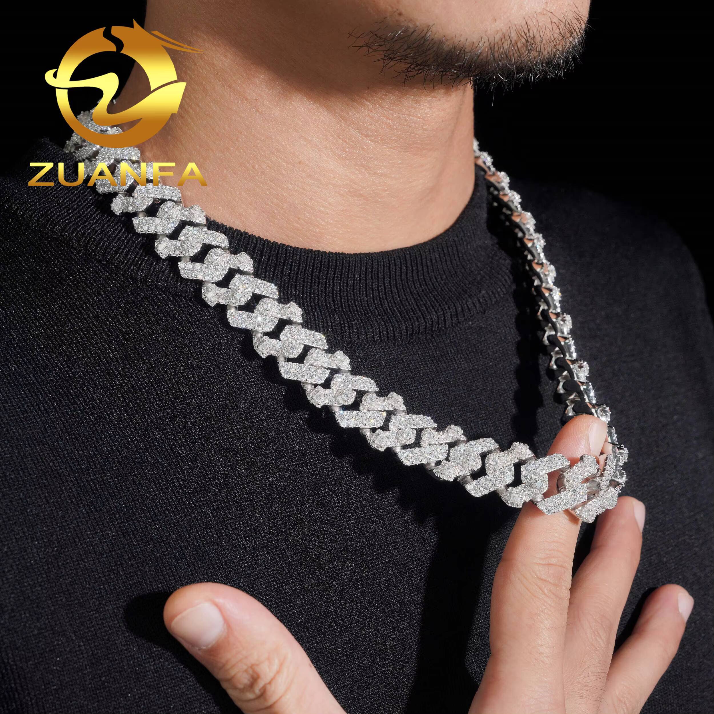 Emerald Cut Moissanite Pass Diamond Test Cuban Chain Gold Plated 925 Sterling Silver Hip Hop Iced Out18mm 2row Cuban Link Chain