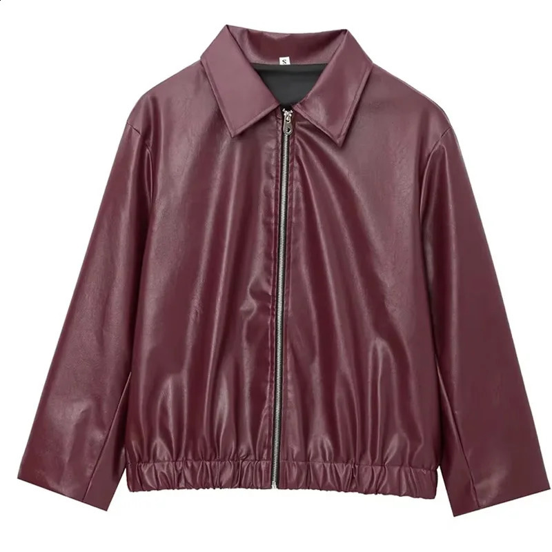 Autumn Women American Style Vintage Solid Bordeaux Red Short Jacket Womens Zipper Long Sleeve Chic Leather Jacket 251027
