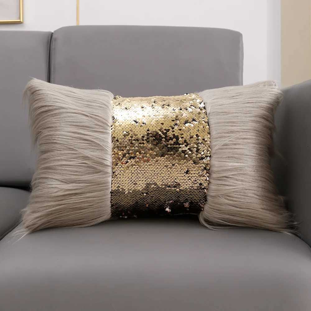 Pillow Case Luxury Sequin Fur Cushion Cover 30x50cm for Sofa Decorative Sequins Cover for Livingroom Silver Gold Decor case C251028