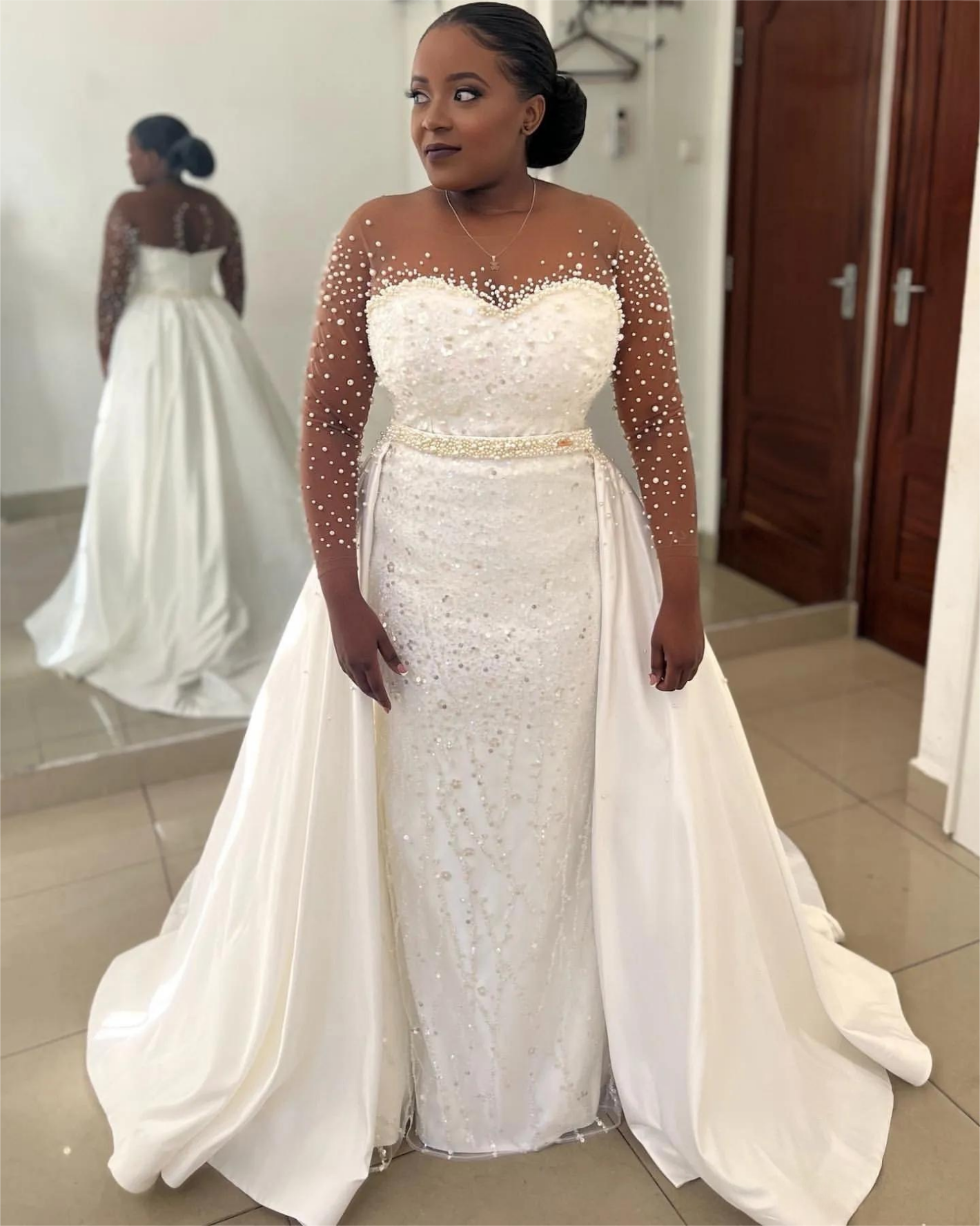 Ivory Satin Mermaid Wedding Dress with Pearls & Sequins Full Sleeves and Detachable Train