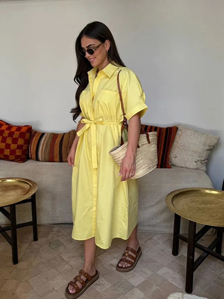 Summer Casual Lapel Shirt Dress Retro Lace Up Short Sleeved Womens Dress Elegant Single Breasted Solid Long Dress 251027