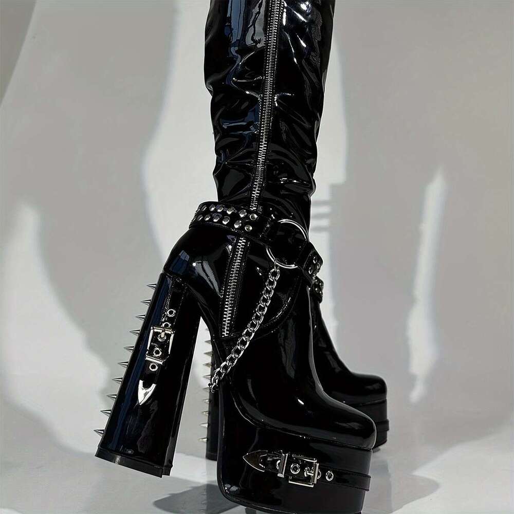 Women's Black Rivet Chain Studded Platform Knee-High Boots With Thick Heel, Zipper Closure, Glossy Cover Rubber Sole For Edgy Fashion & Comfort, 