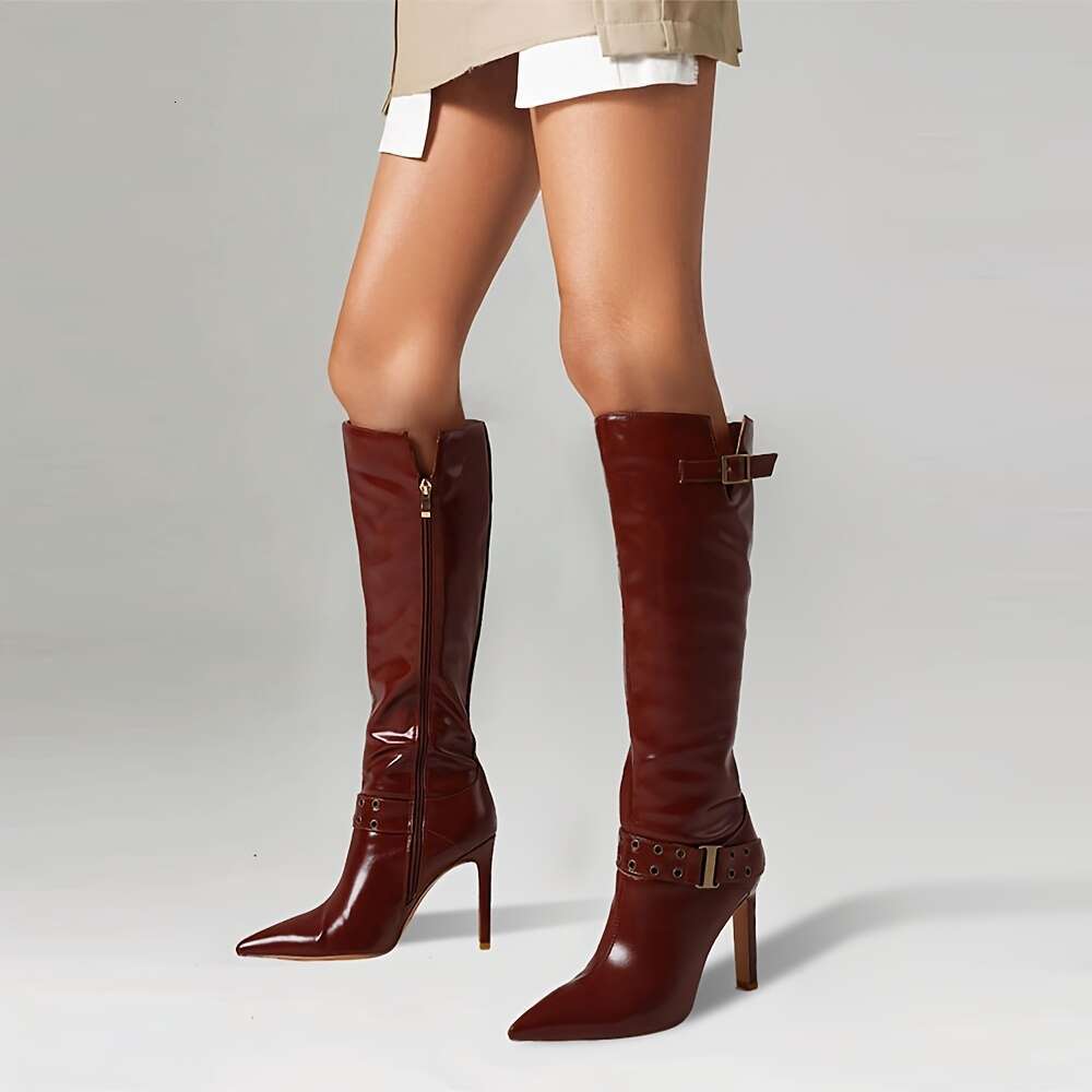 Women's Pointed Toe Knee Fashion Punk Buckle Stiletto Thin High Heels Long Boots Woman Side Zipper Party Dress Office Sexy Shoes Lady