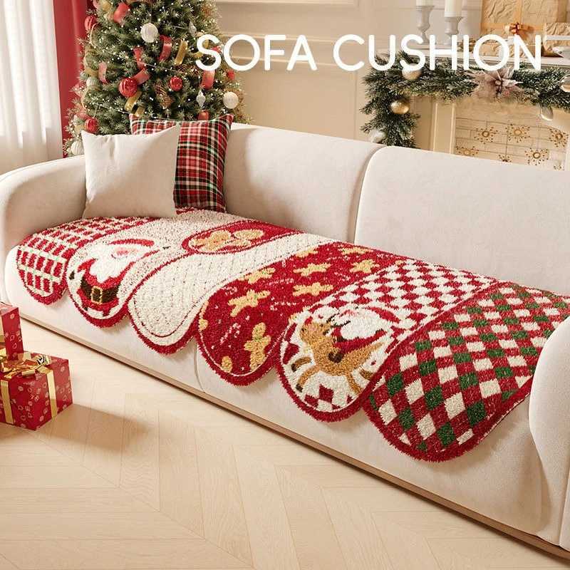 New Christmas Red Sofa Cover Fabric Anti Slip and Warm Autumn and Winter Sofa Cushion Straight Row Thick Plush Not Easy To Fade C251028