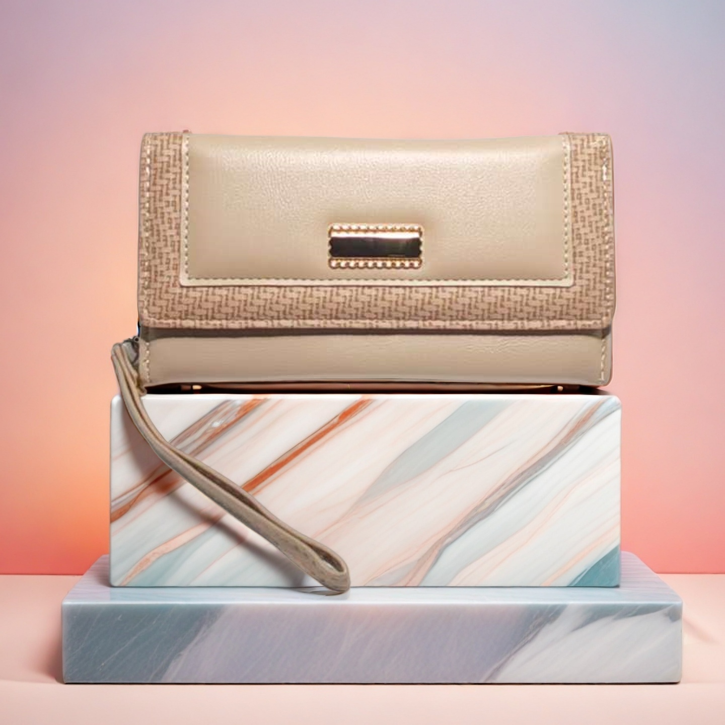 Wallets Women's Red Leather Clutch Wallet with Wristlet Strap - Textured Weave Detail, Gold Accent, Large Capacity Trifold Purse for Daily & Even