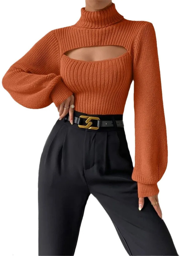 Autumn and Winter Sweater Sexy Loose Versatile High Neck Hollow Breast Leakage Sweater Women 251027