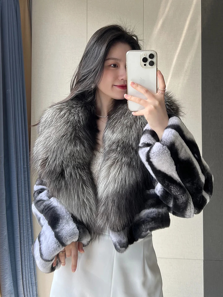 Natural Rex Rabbit Fur Jacket Real Silver Fox Fur Collar Chinchilla Fur Winter Jackets Women Fur coat 251027