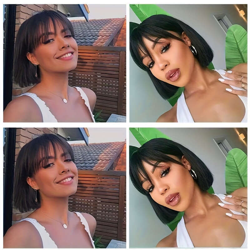 180% 4X1 HD Lace Short Straight Human Hair Glueless Wig Natural Color With Bangs Brazilian Remy Put On Go Bob Wigs For Women