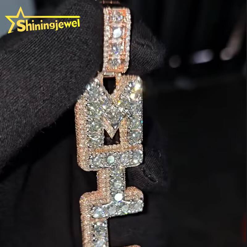 Custom Luxury Iced Out Letter Mosaic Hip Hop Men 925 Sterling Silver Gold Plated Moissanite Name Pendant
