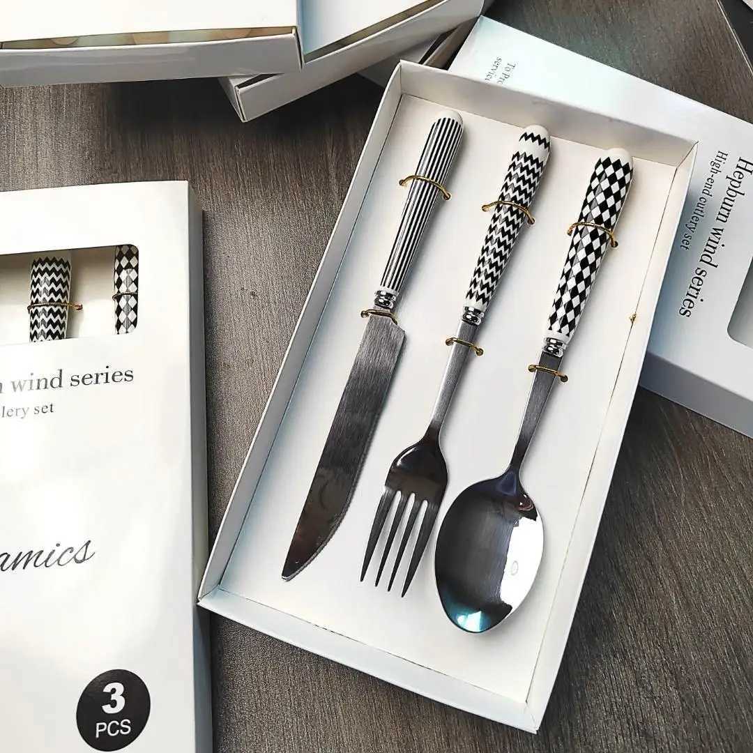 3 pcset christmas Stainless Steel Knife Fork Spoon Checkerboard Ceramic Handle Kitchen Dinnerware Dessert Fork Spoon Tablewares Y251025