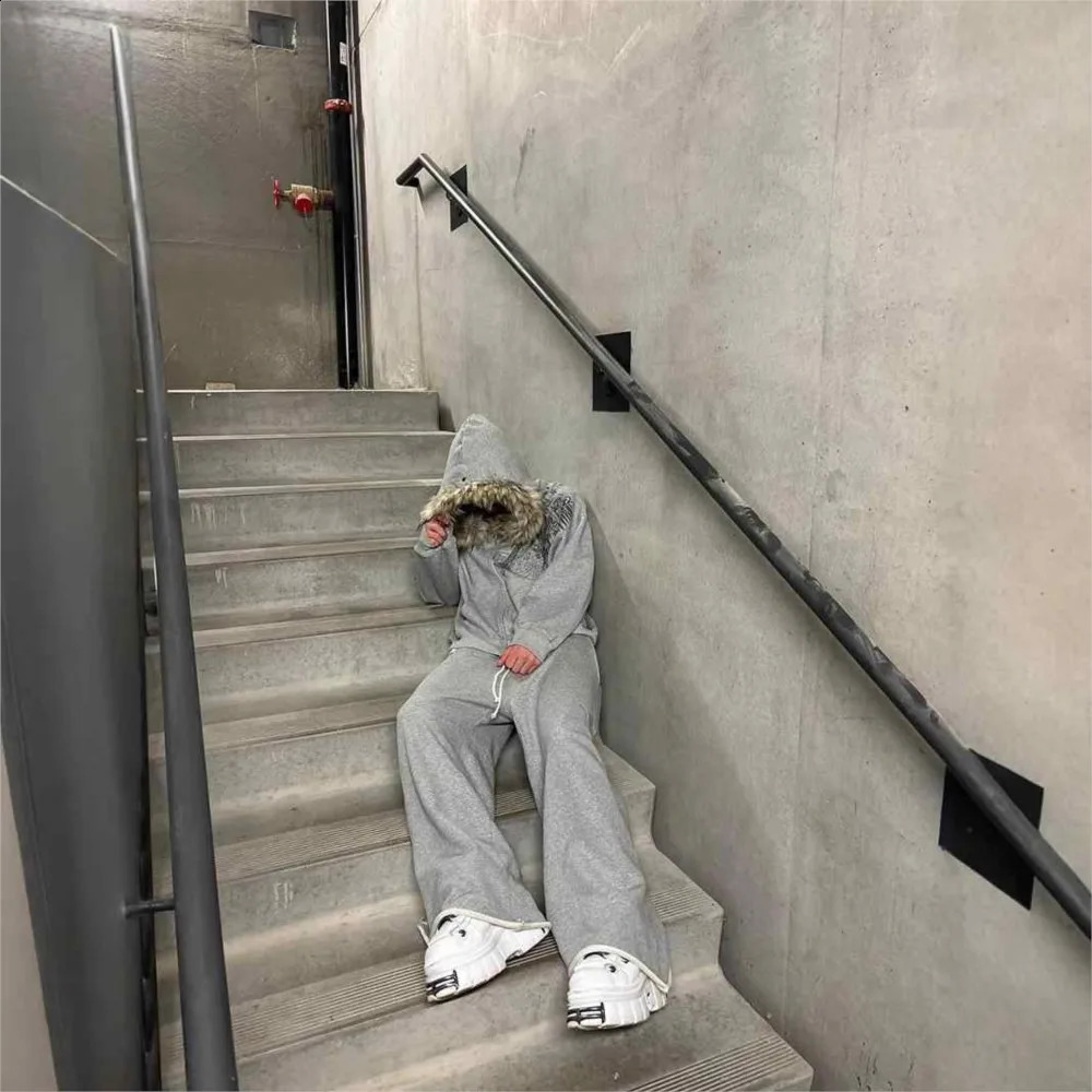 Y2K Retro Zip up Hoodie Faur Collar Harajuku Streetwear Hip Hop Zipper Sweatshirt Hoodies Unisex Rock Goth Loose Punk EMO Jacket 251027