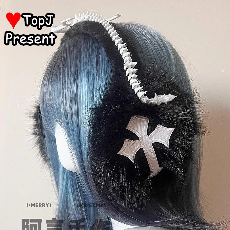 Punk Dark Women Y2K girl Harajuku Gothic Lolita cosplay skeleton cross ear warmer Furry Colored headband Earmuff Earmuffs 251024