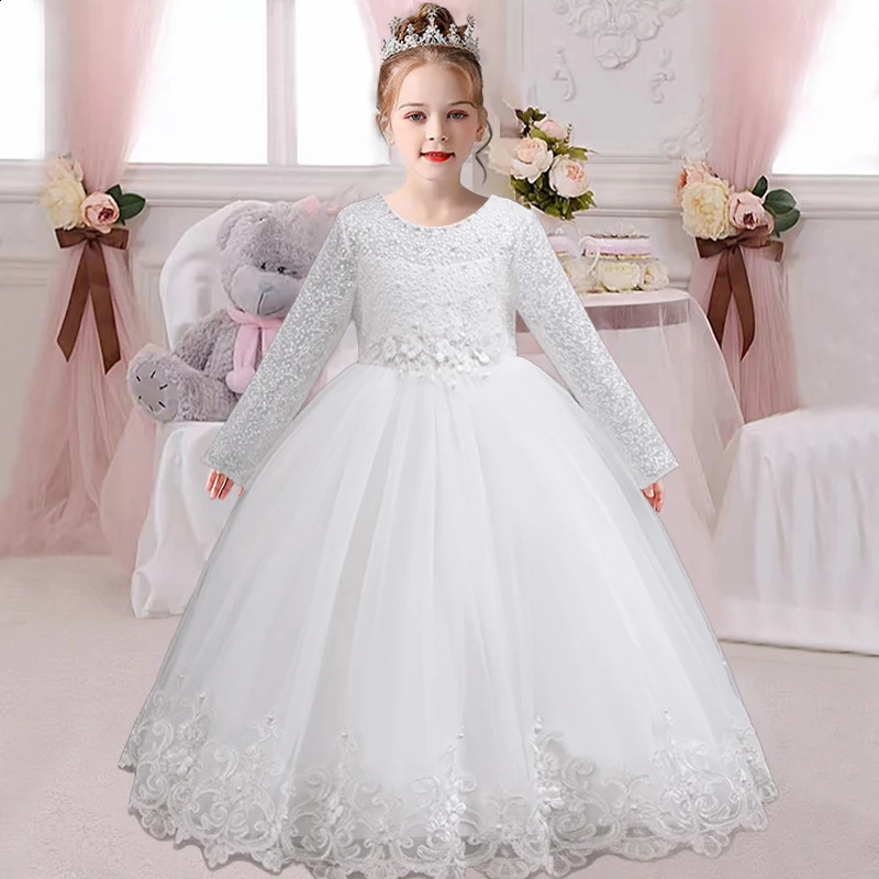 Childrens Embroidered Party Evening Dress 312 Years Old Lace Long Sleeve White Wedding Long Princess Dress for Girls 251023