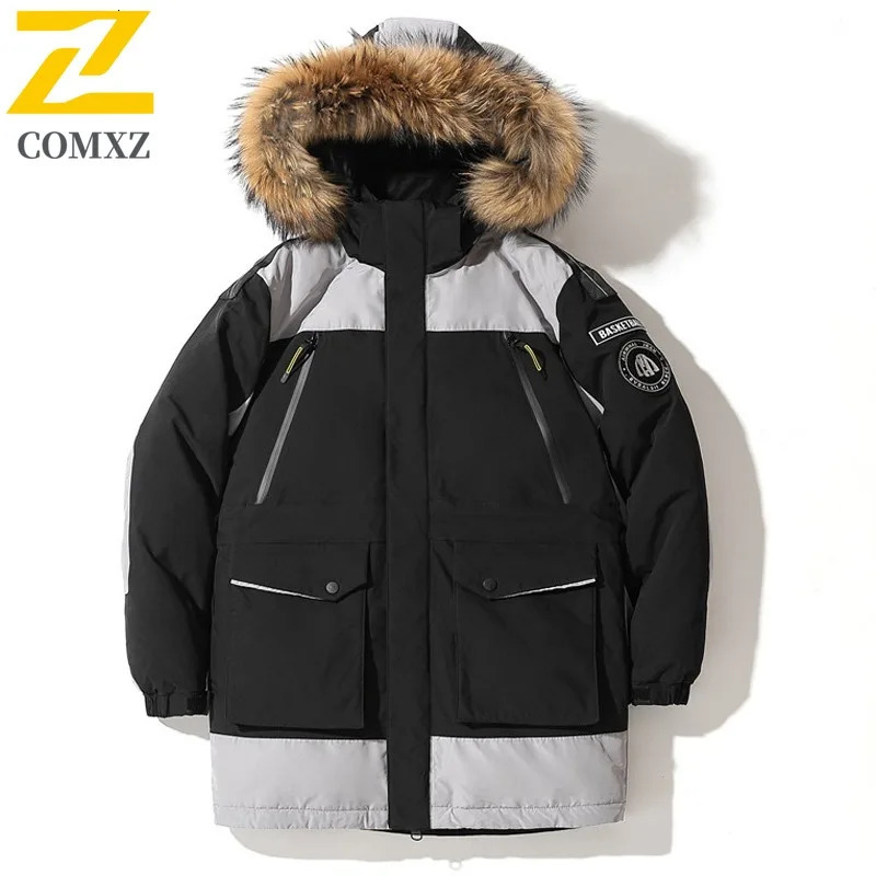 COMXZ Men Mid Length Down Jacket Big Fur Collar Workwear Winter Top Fashion Loose Fit Thermal Cold Proof White Duck Down Coat 251023