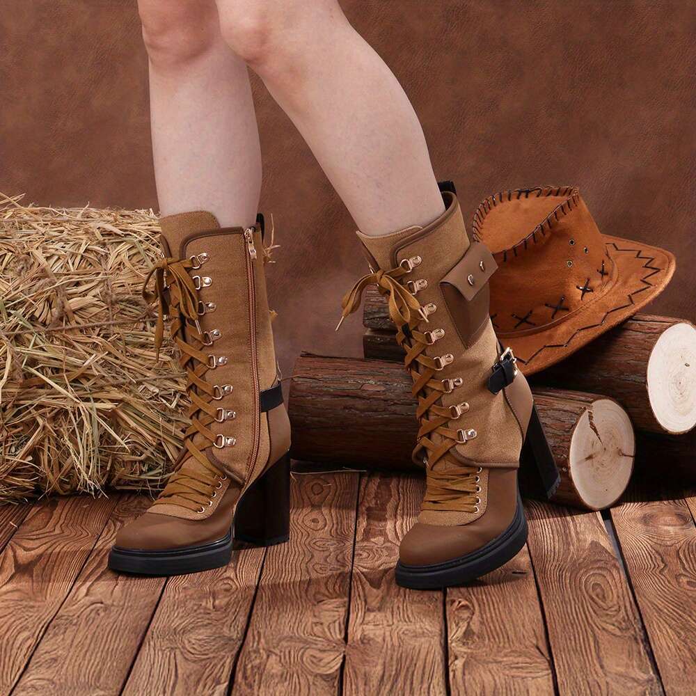 Women's Platform Ankle Boots - Chunky High Heel, Front Lace-Up Design With Side Pocket Decoration And -Fabric Combo