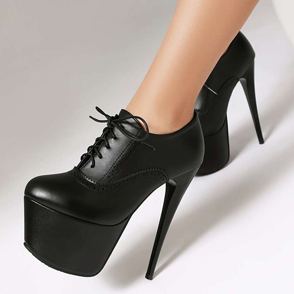 Women's Sexy Black Faux Cover Stiletto Heels - High Platform Lace-Up Pumps With Rubber Sole, Round Toe Design For All Seasons