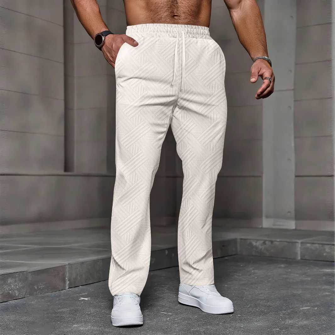 Mens sporty casual trousers fashionable jacquard elastic waist street pants solidcolor loose allseason pants W251028