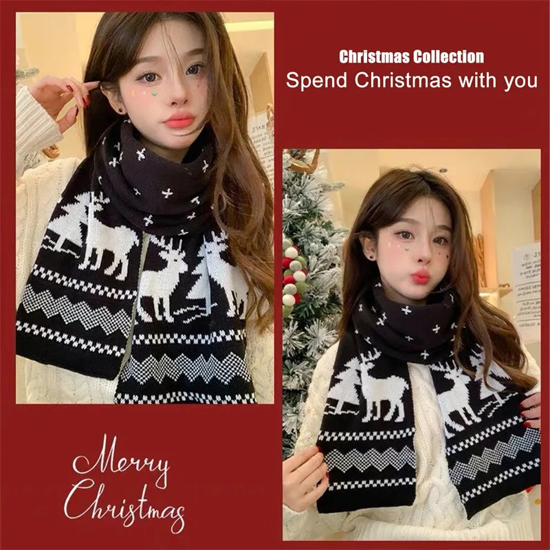 Christmas Women Men Scarf DoubleSided Deer Elk Teenager Girls Boys Knitted Shawl Adult Winter Scarves Family Year Gift 251024