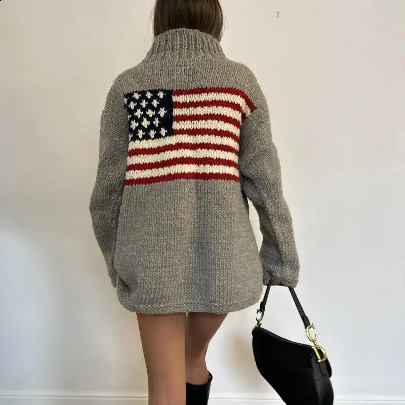 European and American autumn and winter n sense flag print knit sweater casual loose round neck pullover sweater 251027