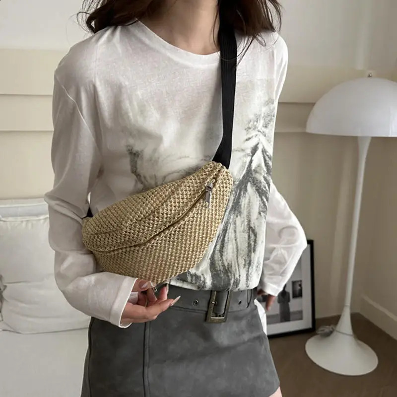 Half Moon Straw Woven Bag Large Capacity Pocket Phone Bag Travel Woven Handbag Phone Holder Antitheft Adjustable Sports Pouch 251023