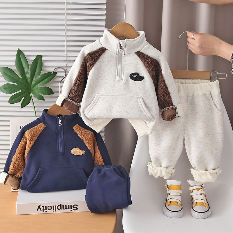 Free Shipping 2025 Boys Winter 2-Piece Set, Fleece-Lined Half-Zip Hoodie Outfit, Fashion Thermal Clothing for Toddler Boys