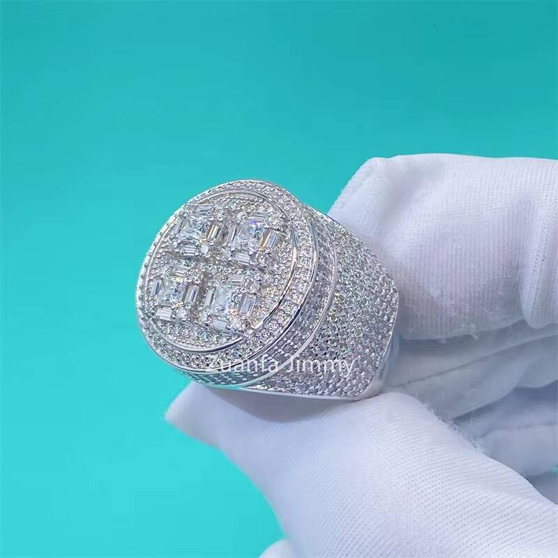 Fully Iced Out Trendy Style Personalized Baguette Moissanite Diamond 925 Sterling Silver Ring Gold Filled Rings for Men