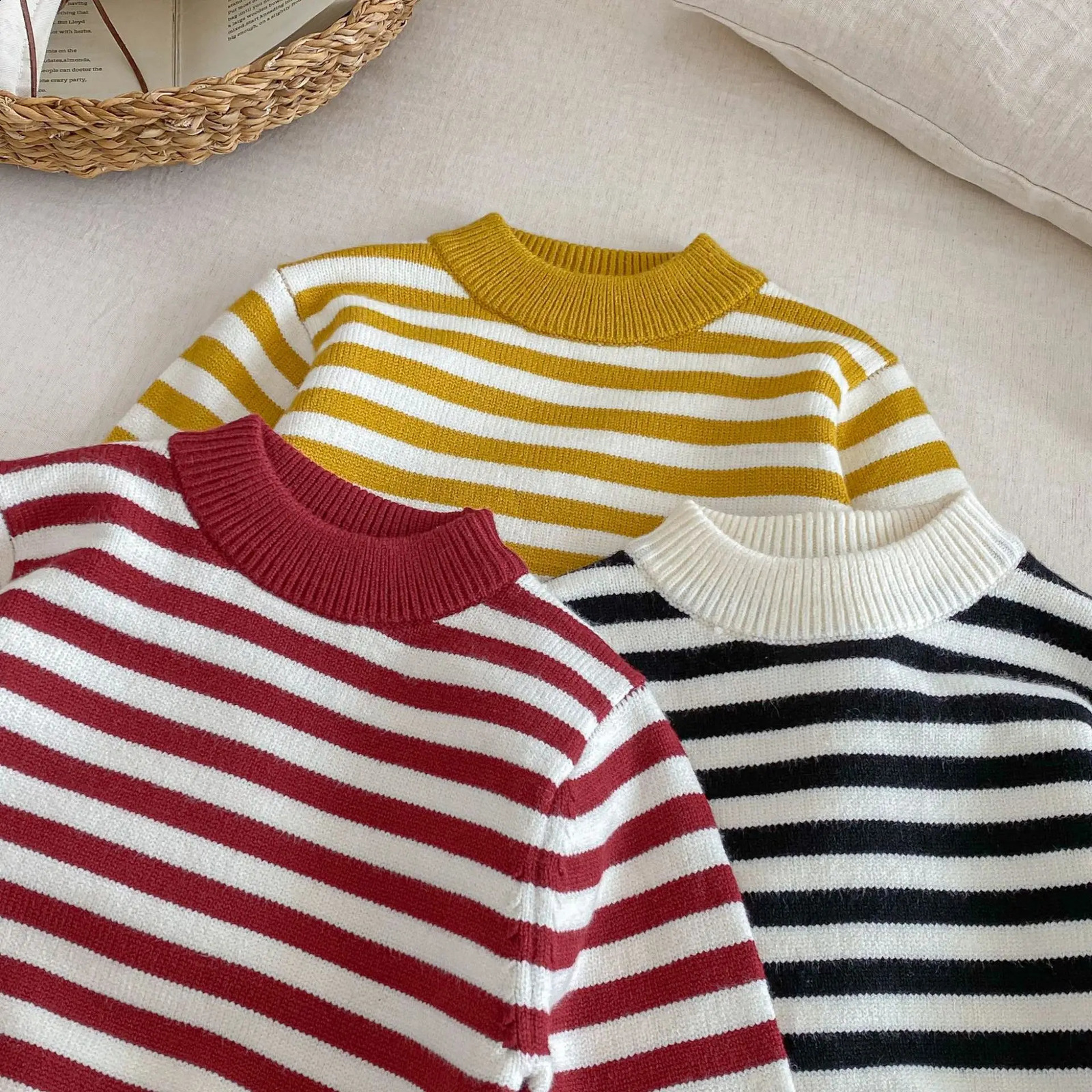 05Y Children Clothes Striped Sweater Korean Thickened Knit Pullover Toddler Inner Wear Winter Warm Jumper for Boys Girls 251027