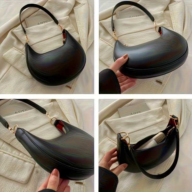 Vintage Tote Bag Retro Half Moon Pu Leather Handbag Shoulder Bags for Women Detachable Strap Zipper Closure Polyester LiningT251028