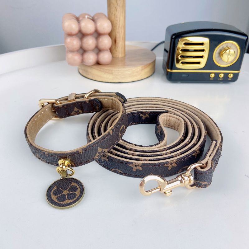Premium PU Leather Designer Dog Collar & Leash Set Gold Hardware, Bell Charm, Adjustable for Cats/Small Dogs, 4 Patterns